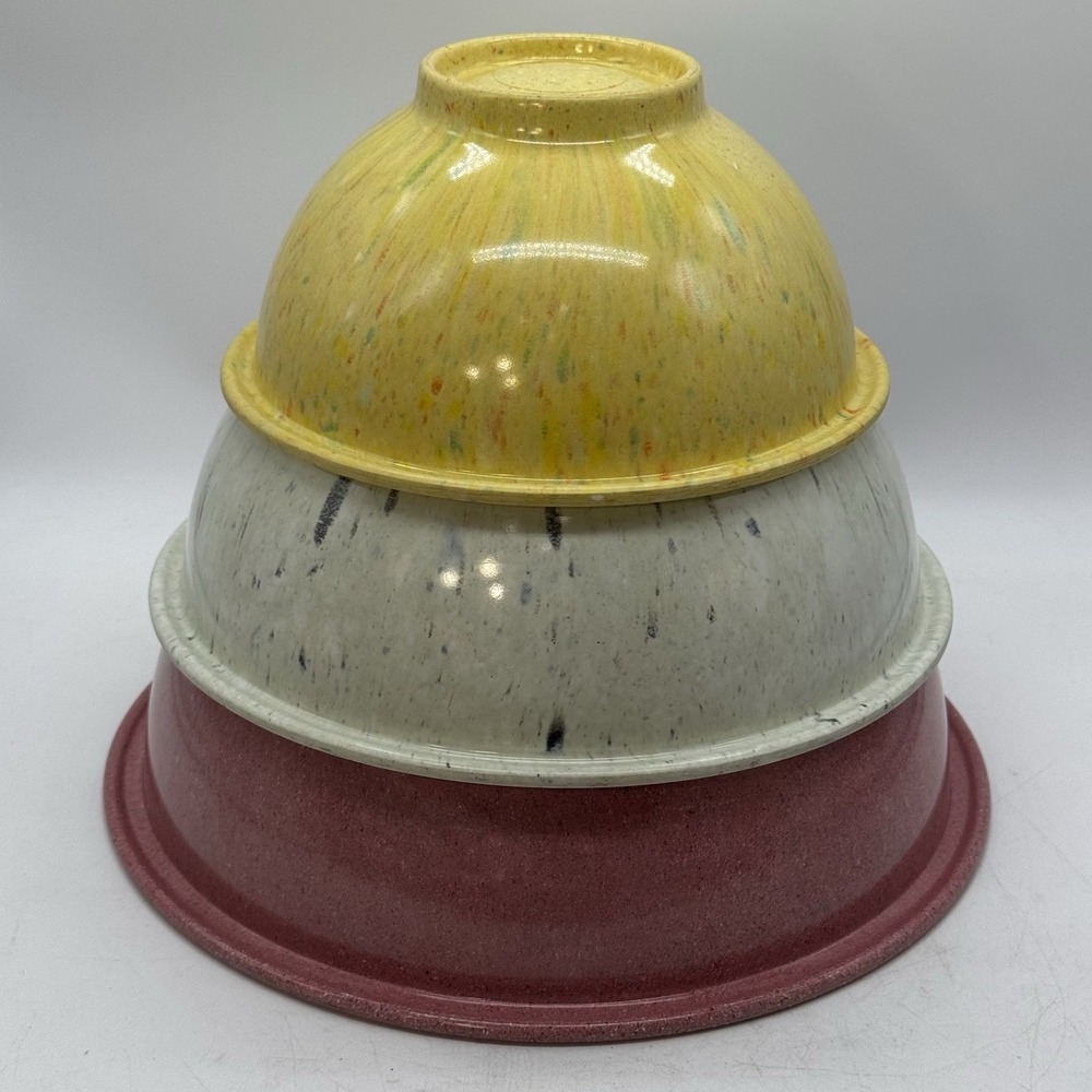 Texas Ware Melmac Set 3 Confetti Bowls 111 118 125 Speckle Mauve Gray Yellow Vtg